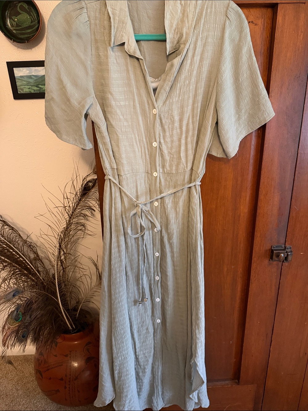 Hem & Thread Light Sage Green Button-Front Maxi Dress with Tie Waist